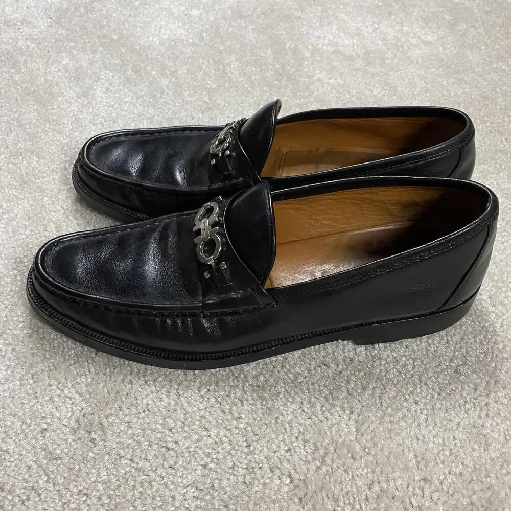 Salvatore Ferragamo Shoes Mens 11.5B Black Leather Gancini Loafers Lug Sole